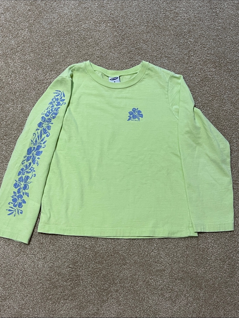 Old Navy Light Green Long Sleeve Tee with Blue Floral Accent, size 8